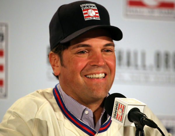 Mike Piazza answers a question during the Hall of Fame news conference.