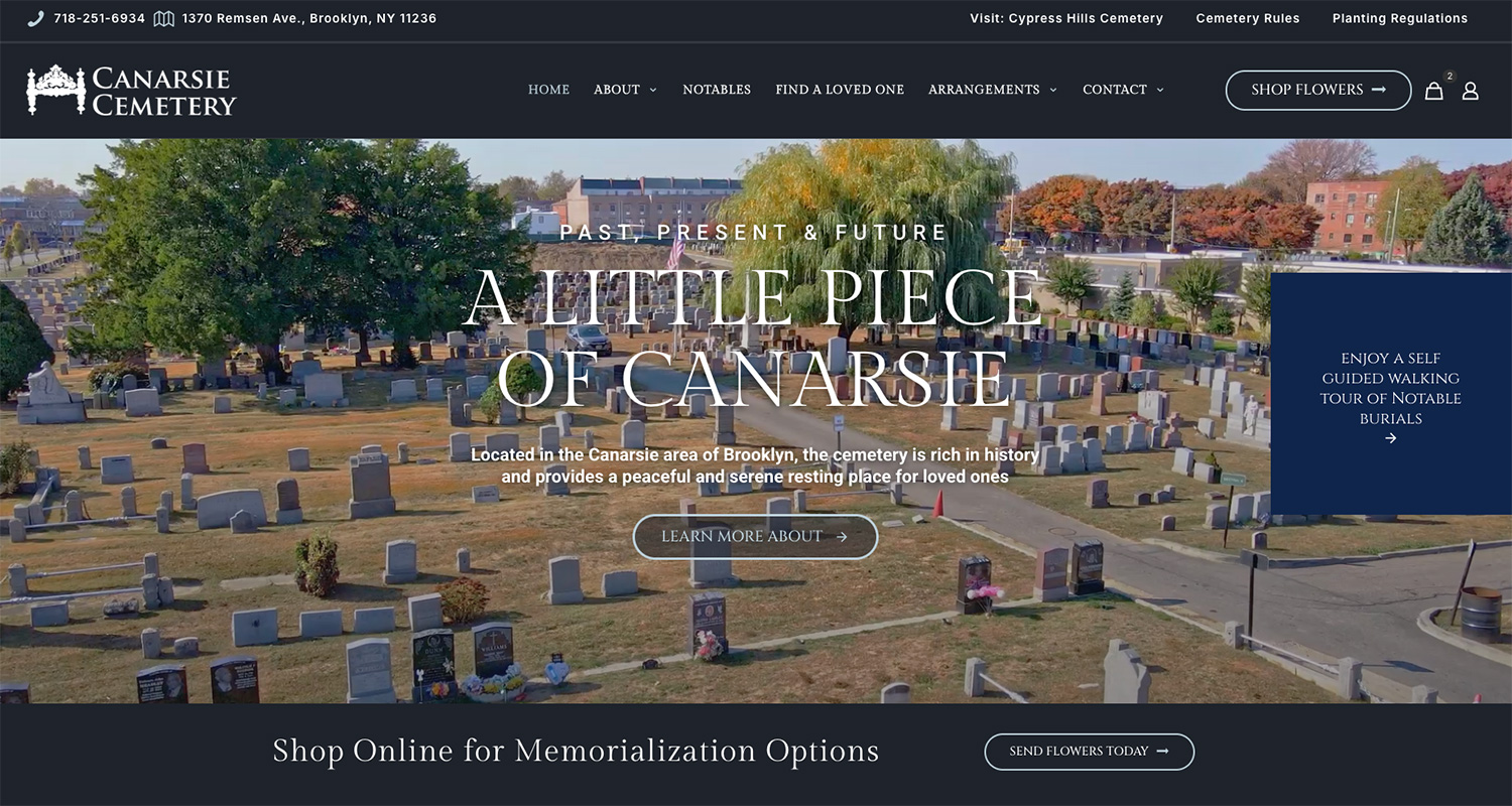 Aerial view of Canarsie Cemetery with gravestones, trees, and buildings in Brooklyn.