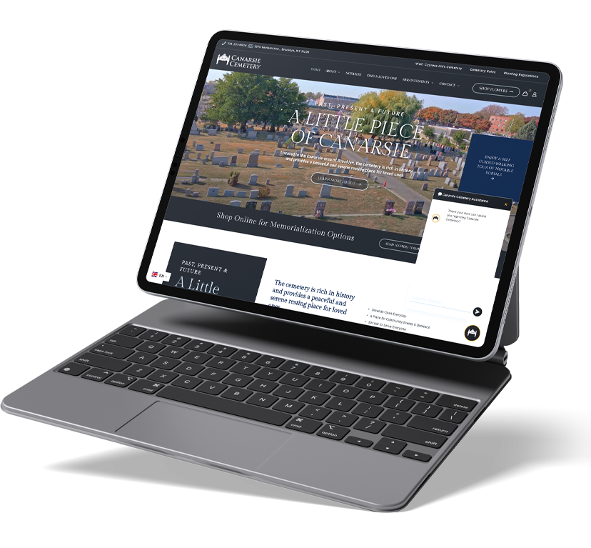 iPad displaying the Canarsie Cemetery website with a chat support window open.