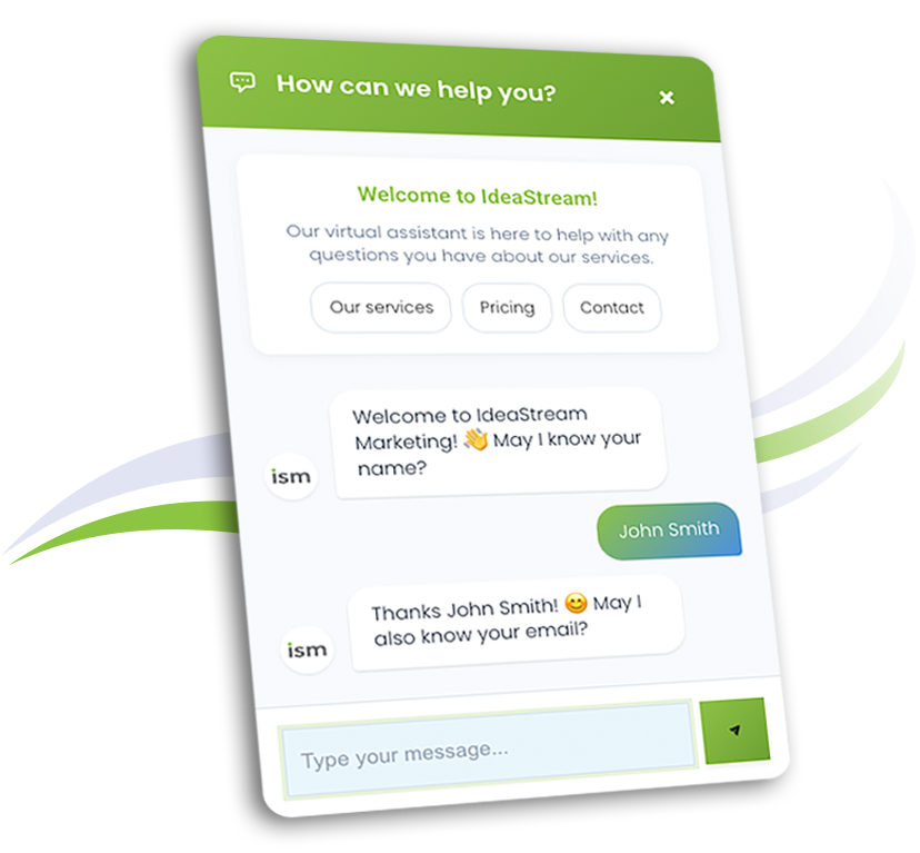 Screenshot of IdeaStream's AI chatbot interface asking for user's name and email.