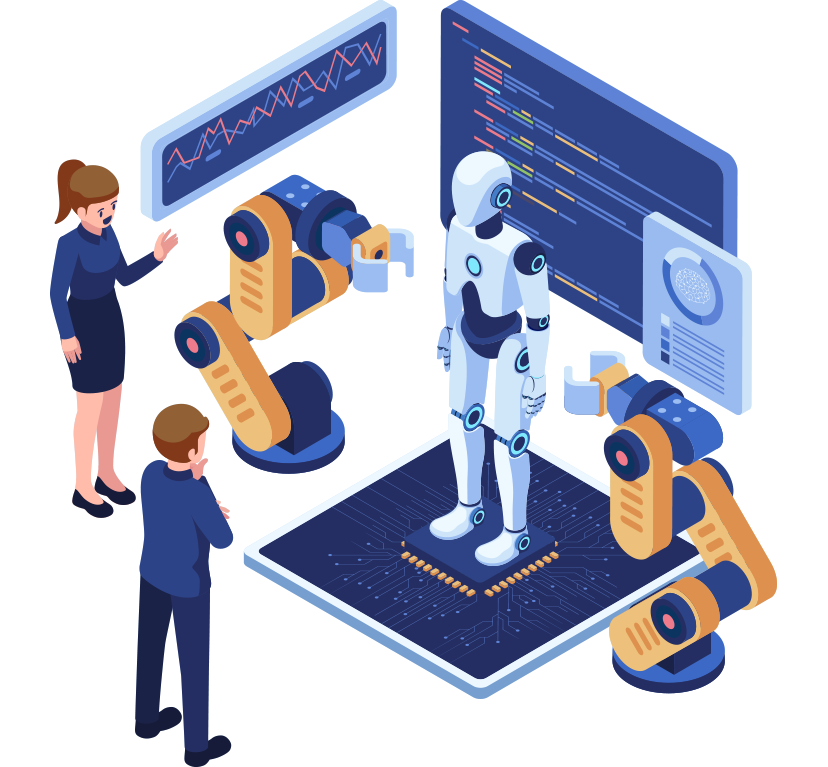 A group of people interacting with robotic arms and a humanoid robot, amidst data screens and charts.