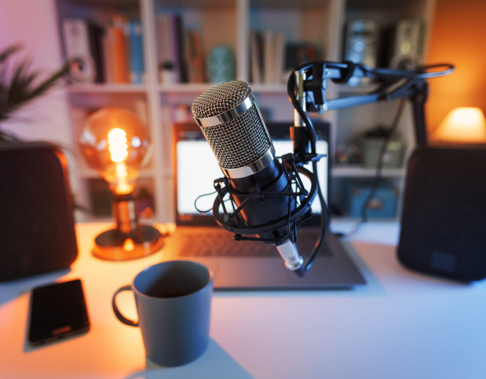 Empty podcast recording setup representing podcasting for business marketing and brand storytelling