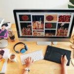 Designer working on modern website layout showcasing digital images and creative branding on desktop computer