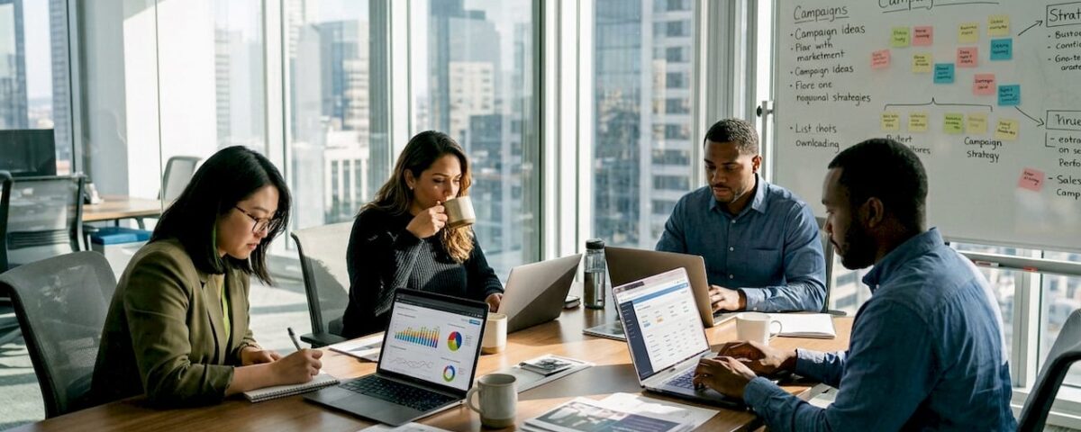 Team working on marketing strategy in office