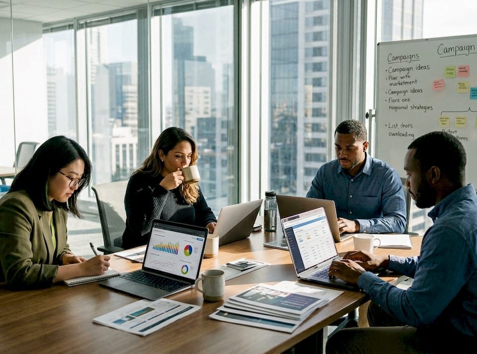 Team working on marketing strategy in office