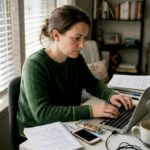 Woman works on digital marketing at home desk