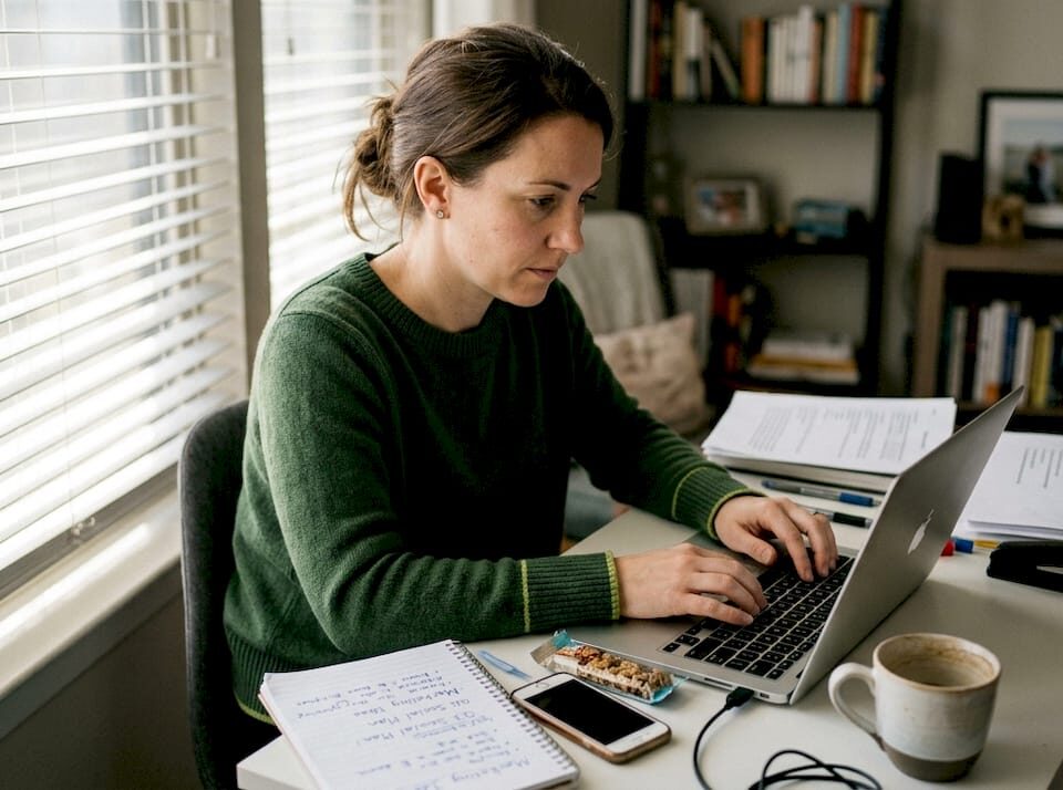 Woman works on digital marketing at home desk