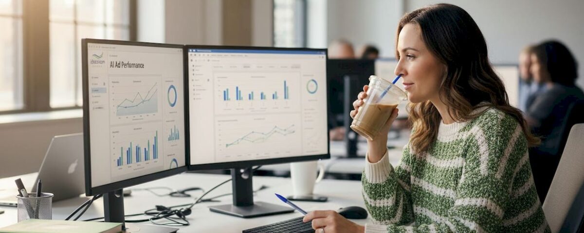 Marketer reviews AI campaign results in office