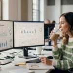 Marketer reviews AI campaign results in office