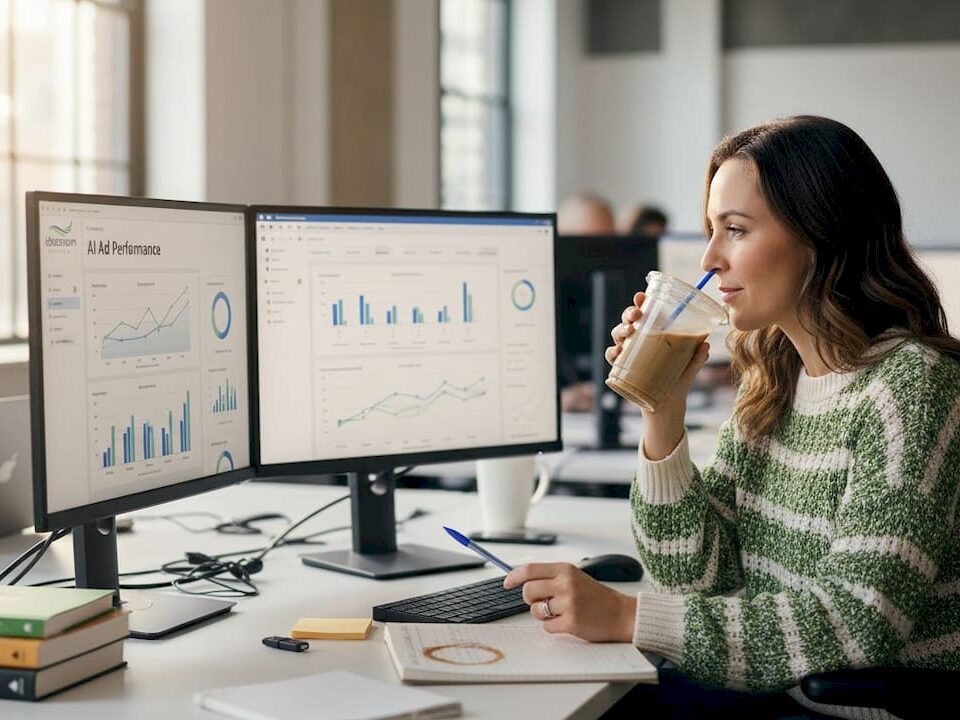 Marketer reviews AI campaign results in office