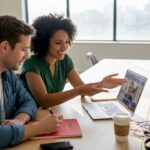 Marketing team reviewing video project footage