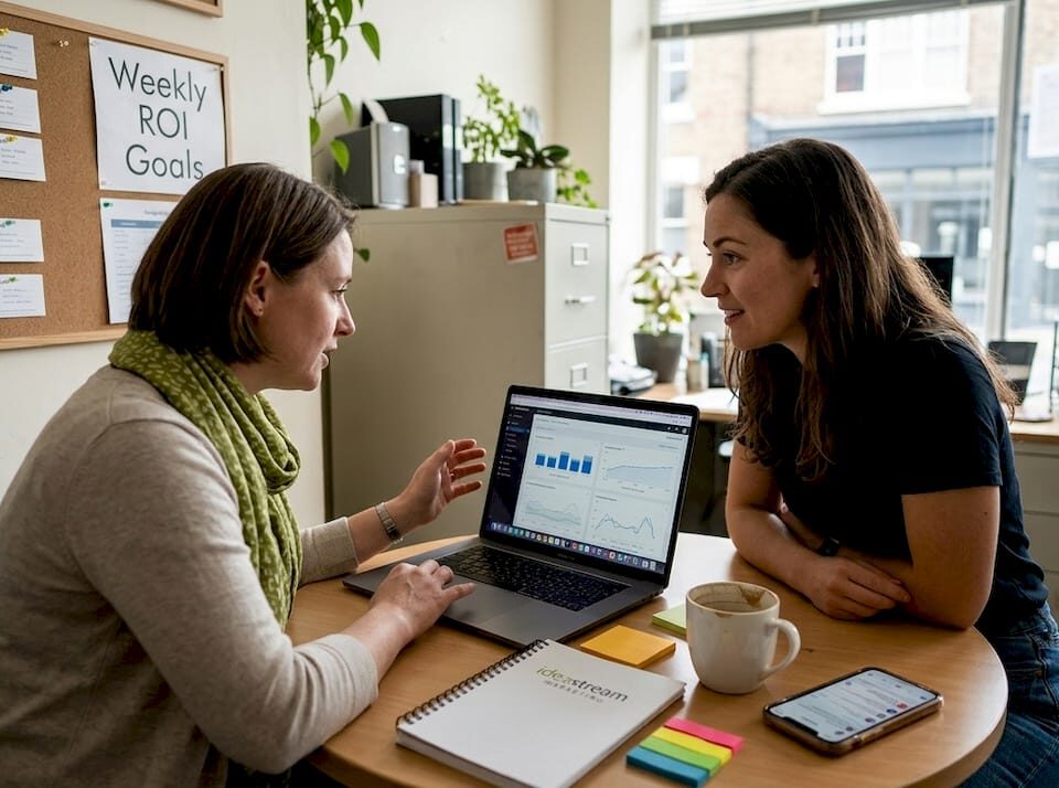 Small business owner and consultant planning campaign