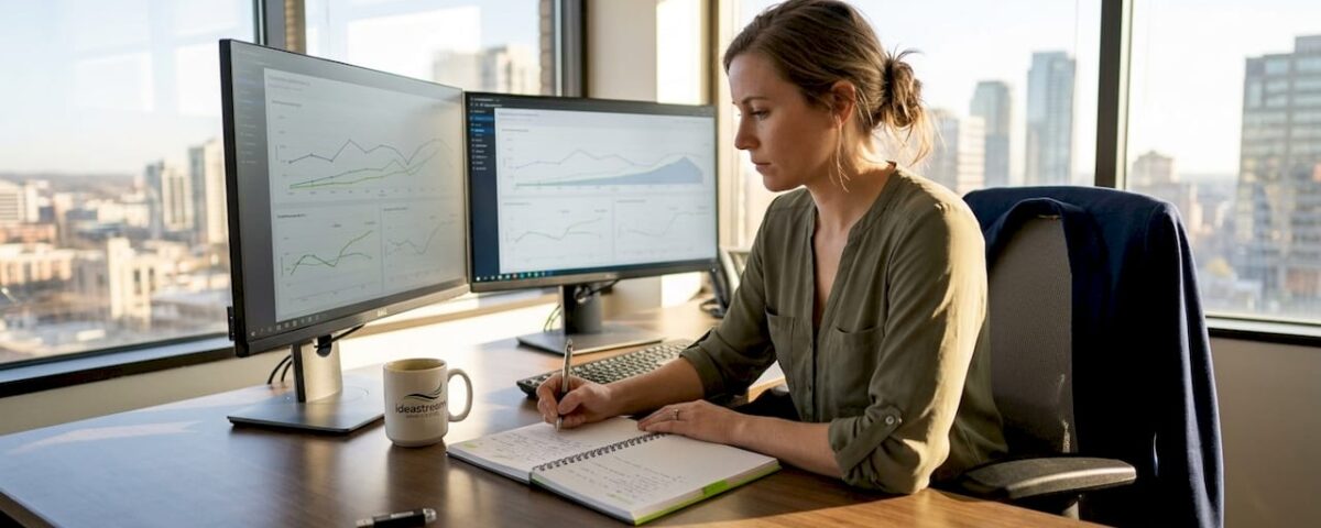 Digital marketer reviewing growth charts in office