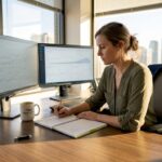 Digital marketer reviewing growth charts in office