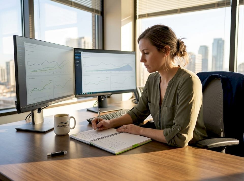 Digital marketer reviewing growth charts in office