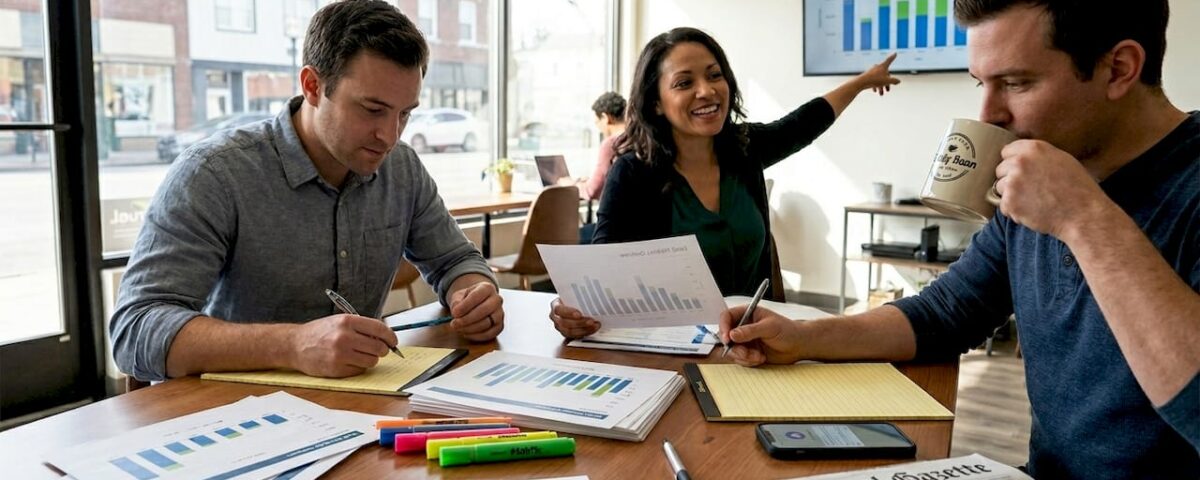 Team reviews sales leads in coworking space