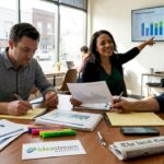 Team reviews sales leads in coworking space