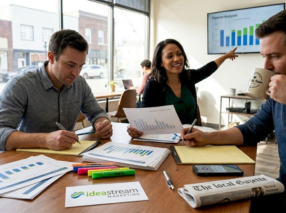 Team reviews sales leads in coworking space