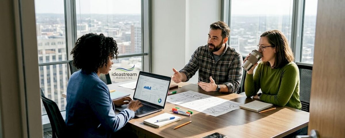 Team reviews video campaign storyboard