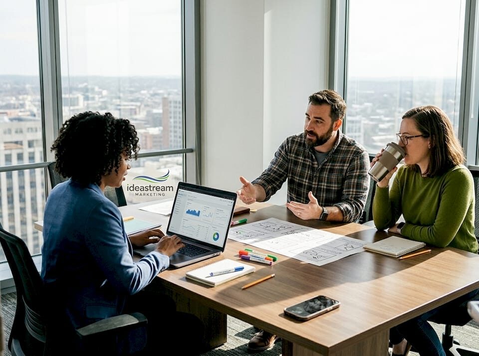 Team reviews video campaign storyboard