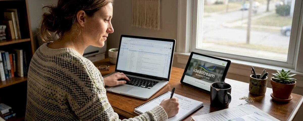 Business owner working on digital marketing checklist