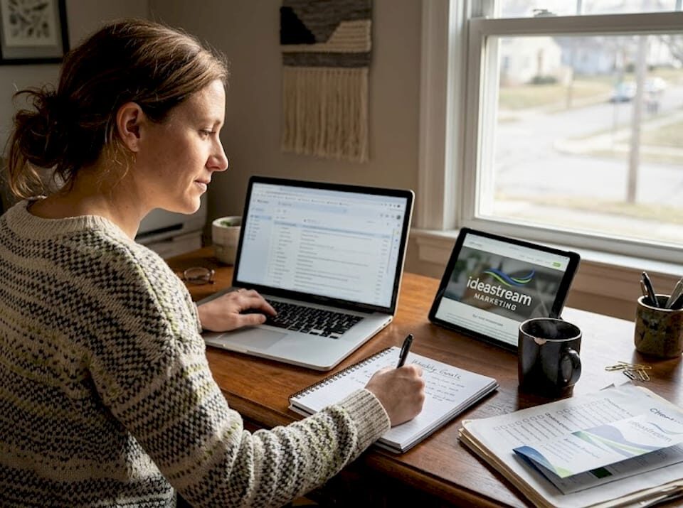 Business owner working on digital marketing checklist