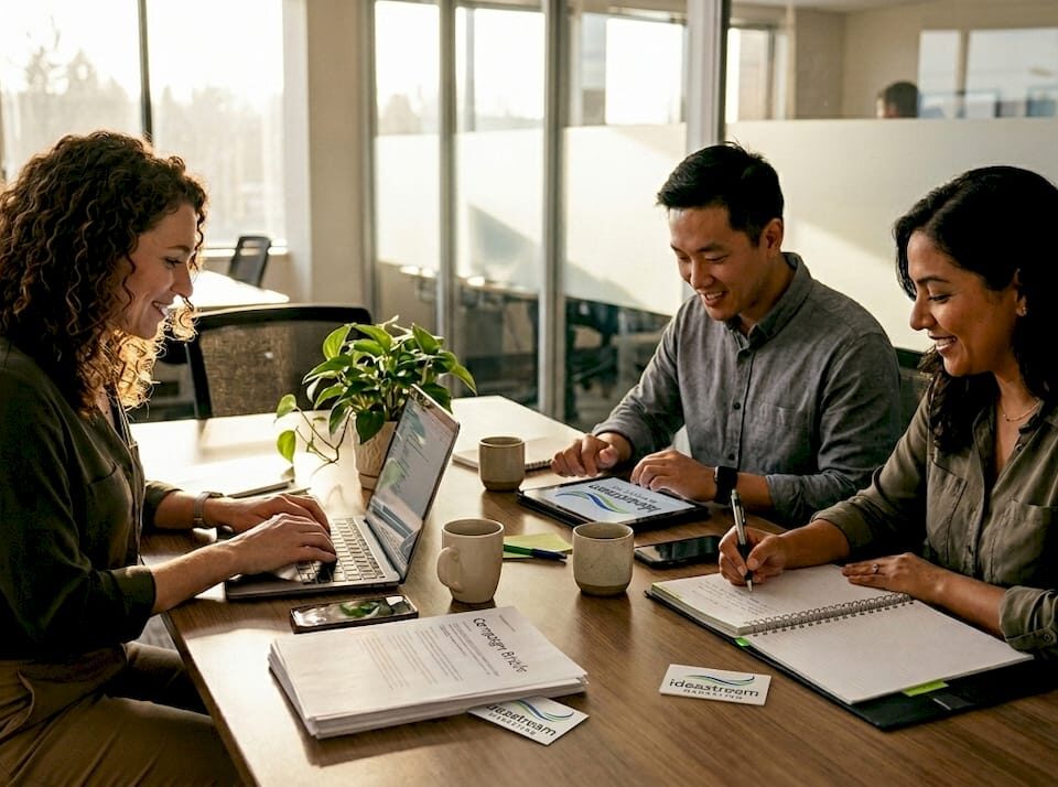 Team working in open-plan agency office