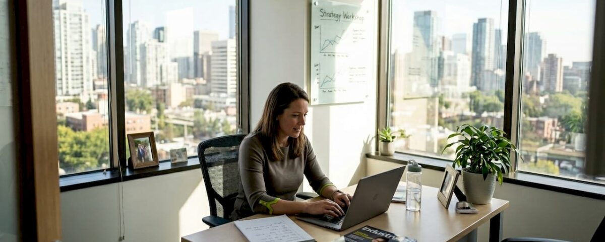 Consultant using digital marketing tools at desk