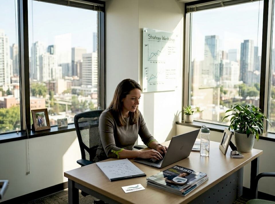 Consultant using digital marketing tools at desk