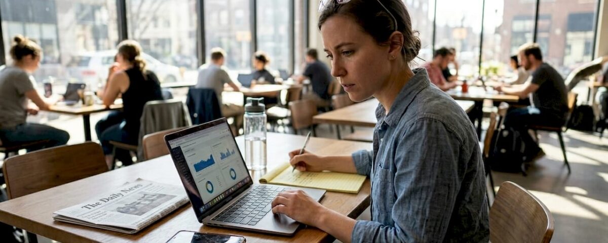 Business owner reviews digital marketing results