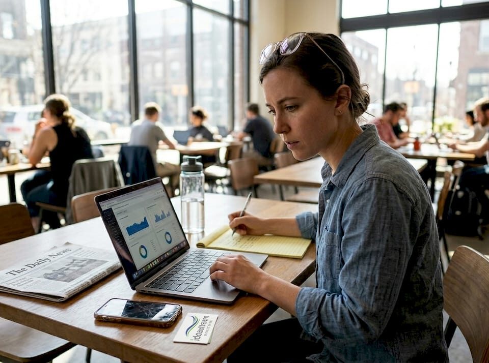Business owner reviews digital marketing results