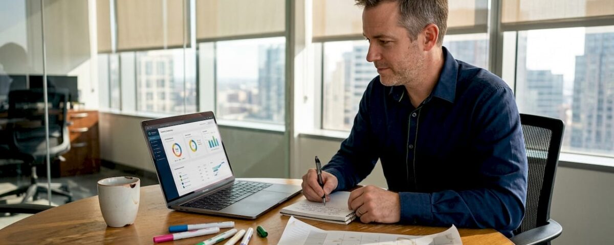 Manager planning marketing strategy at office table