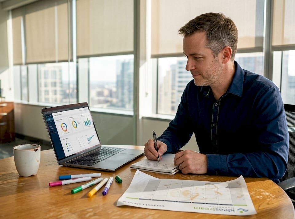 Manager planning marketing strategy at office table