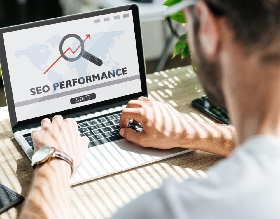 Laptop screen displaying SEO performance analytics for Long Island business