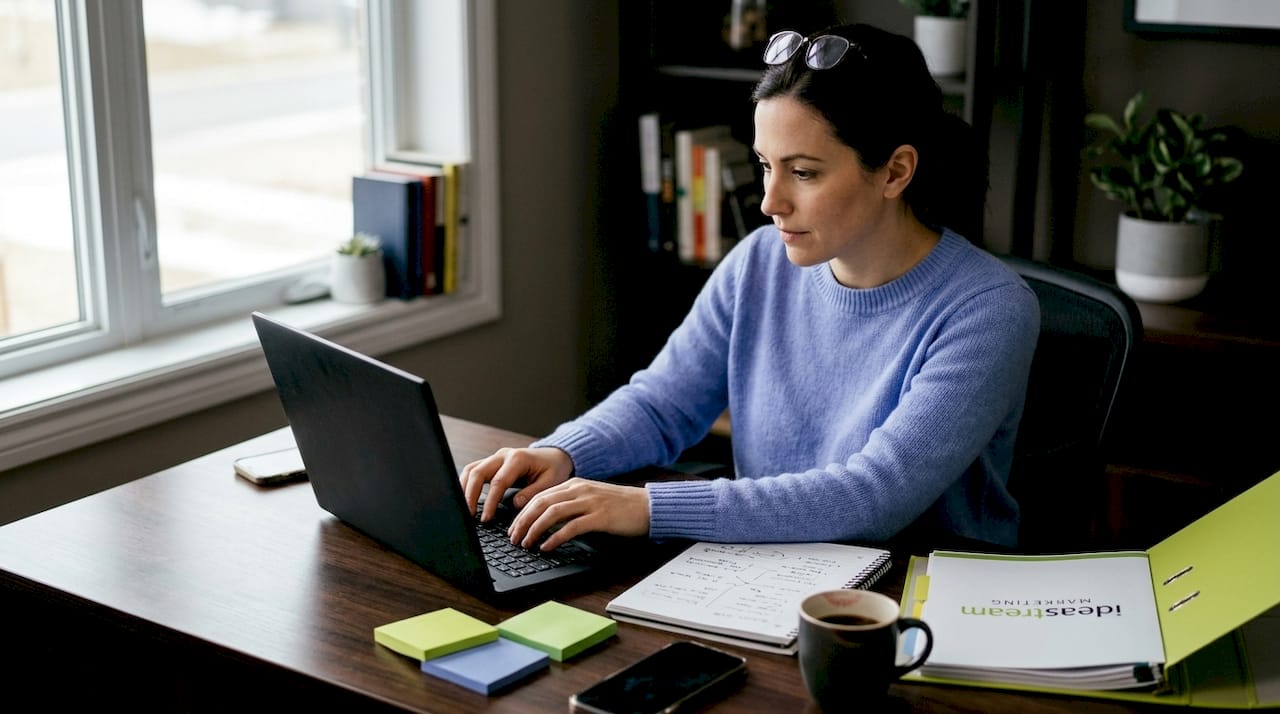 Woman scripting marketing video in home office