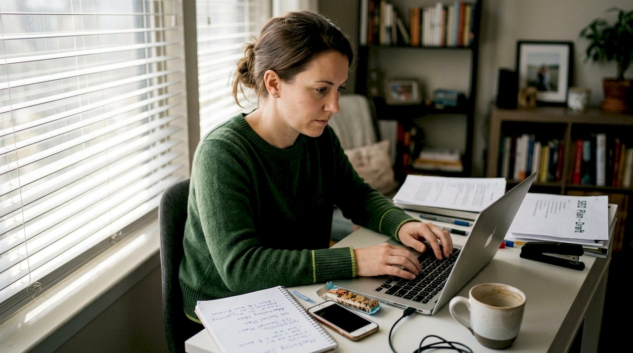 Woman works on digital marketing at home desk