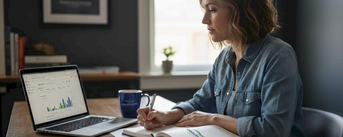 Business owner drafting marketing plan at home
