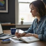 Business owner drafting marketing plan at home