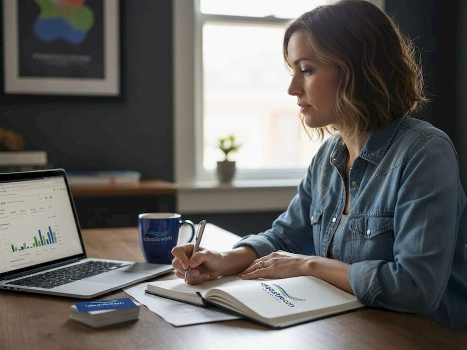 Business owner drafting marketing plan at home