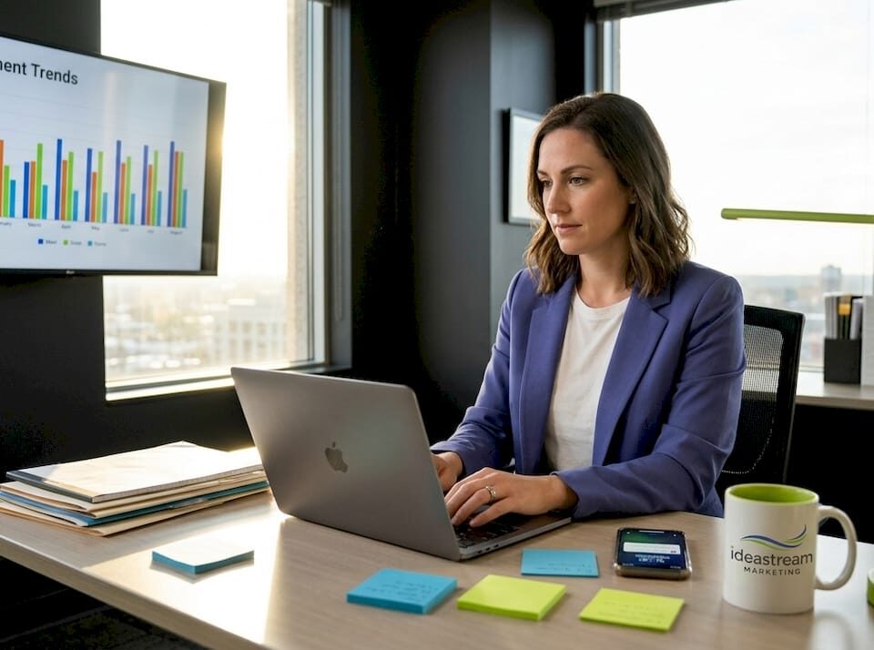 Marketing manager analyzing campaign results in office