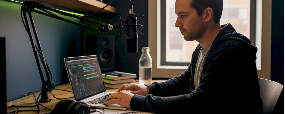 Man in a dark hoodie edits audio on a laptop at a desk with a large microphone, headphones, and a notebook nearby.