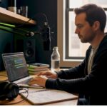 Man in a dark hoodie edits audio on a laptop at a desk with a large microphone, headphones, and a notebook nearby.