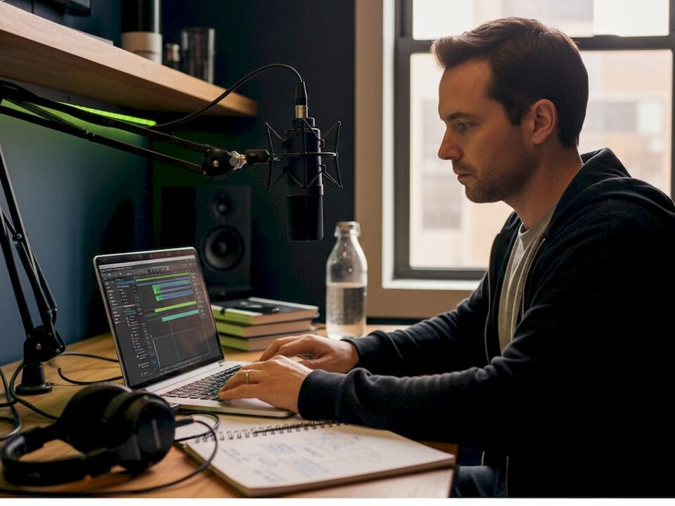 Man in a dark hoodie edits audio on a laptop at a desk with a large microphone, headphones, and a notebook nearby.