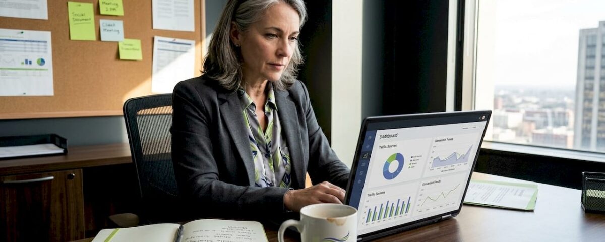 Business owner reviewing marketing analytics