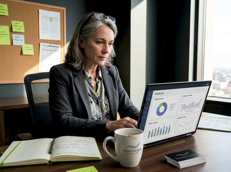 Business owner reviewing marketing analytics