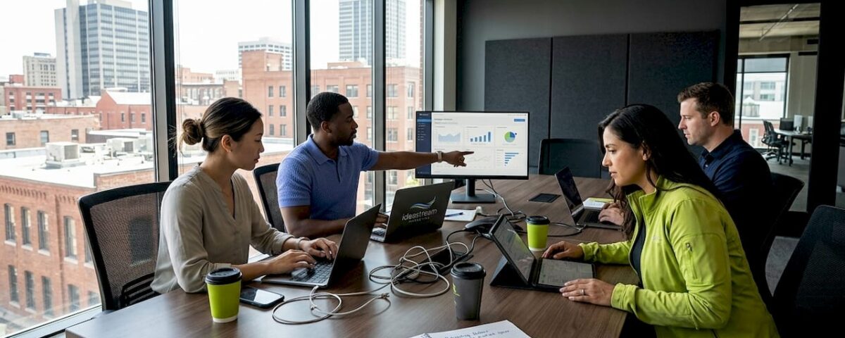 Digital marketing team collaborating in agency workspace