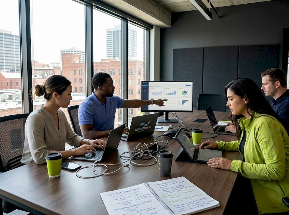 Digital marketing team collaborating in agency workspace