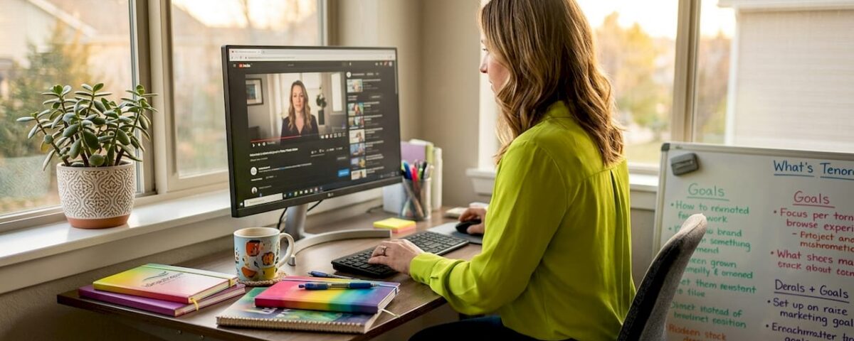 Marketer editing YouTube video at desk