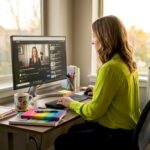 Marketer editing YouTube video at desk