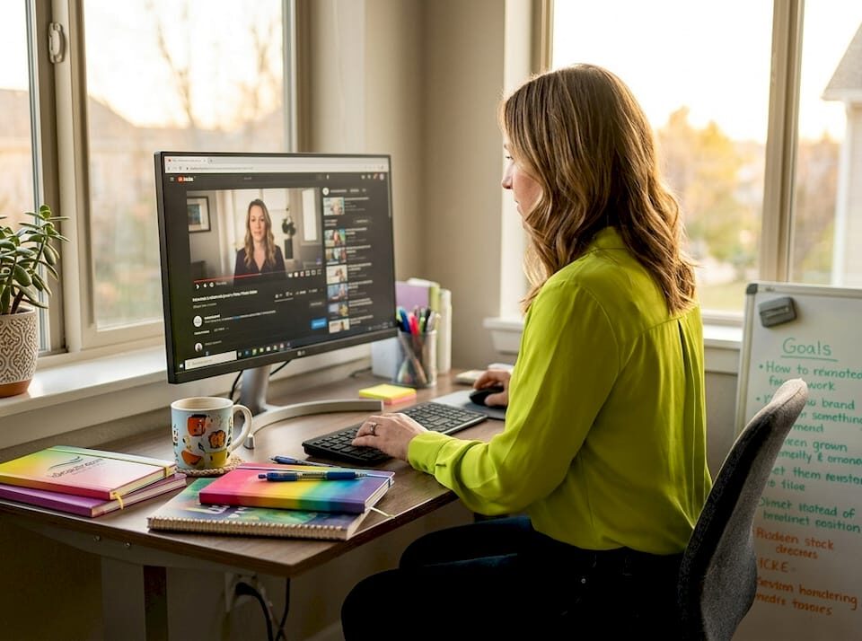 Marketer editing YouTube video at desk